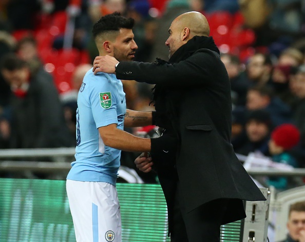 Manchester City's Sergio Aguero and Manchester City manager Pep Guardiola