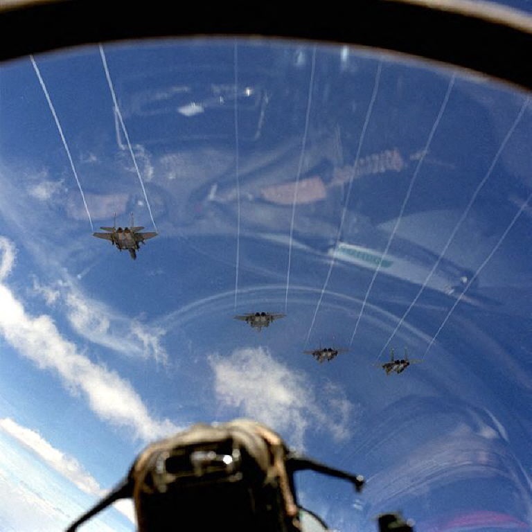 The picture shows the view from the cockpit of a US F-15 Eagle fighter plane as it follows other F-15s in flight on 4 June 1999.