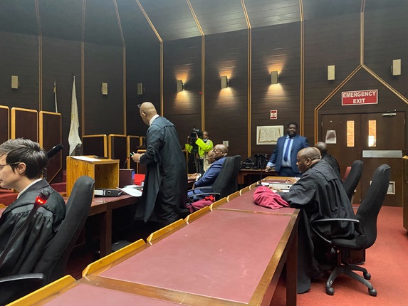 <p>Former president Jacob Zuma seated next to his counsel, Advocate Dali Mpofu, in court, about to ask the Pietermaritzburg High Court to prosecute and imprison a journalist and his lead prosecutor. </p><p><em>- Adriaan Basson</em></p>