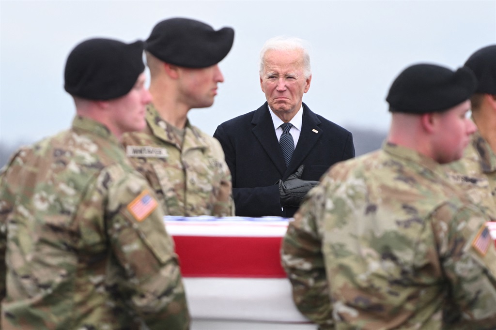 US President Joe Biden at the transfer of the remains of three US service members killed in the drone attack on the US military outpost in Jordan, at Dover Air Force Base in Dover, Delaware, on 2 February 2024. (Photo by Roberto SCHMIDT / AFP)