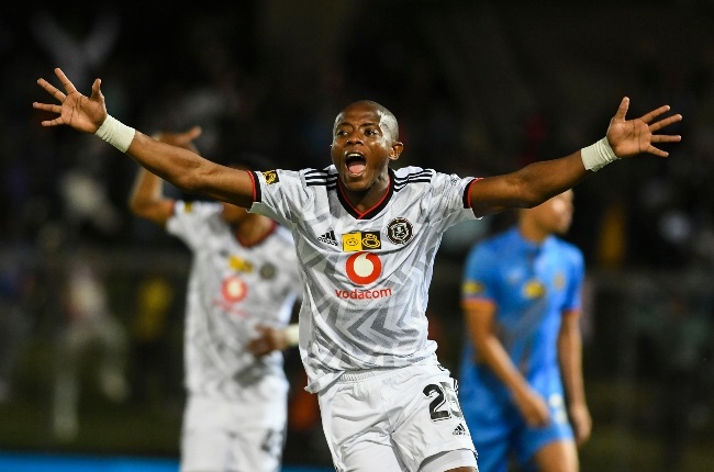 Zakhele Lepasa of Orlando Pirates celebrates a goal by Vincent Pule of Orlando Pirates during the MTN8 quarter final match between Royal AM and Orlando Pirates at Chatsworth Stadium.