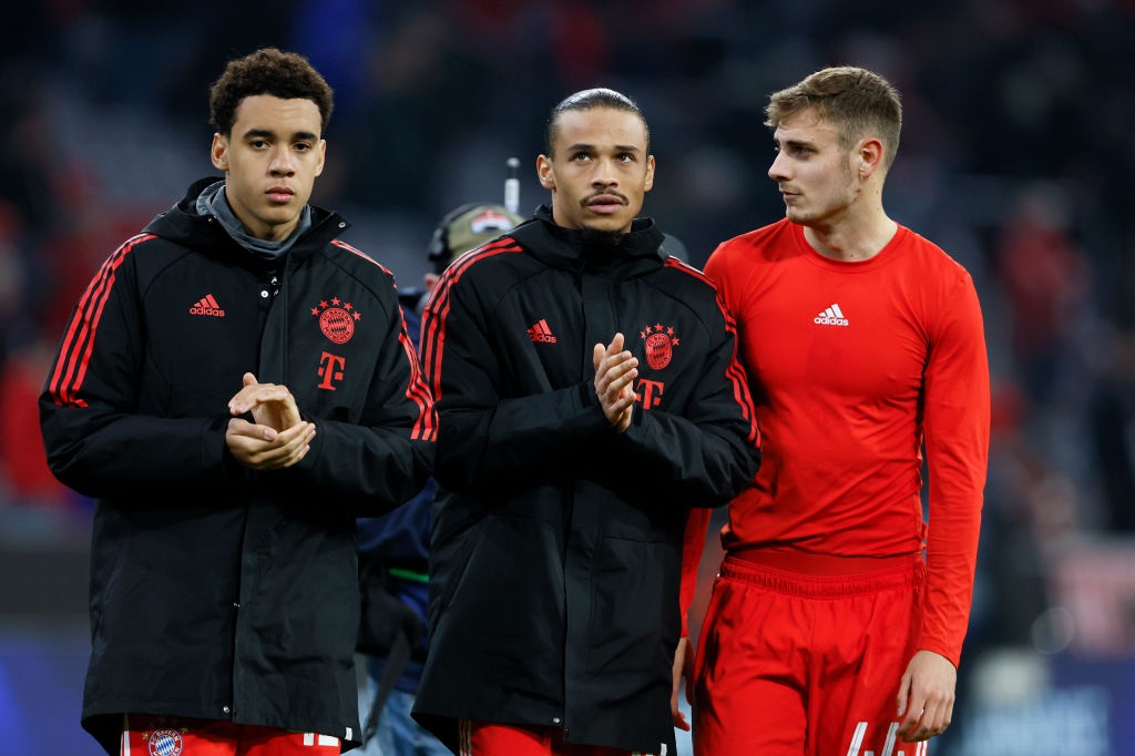 MUNICH, GERMANY - APRIL 19: Jamal Musiala, Leroy Sane and Josip Stanisic of Bayern Munich applaud the crowd after the UEFA Champions League Quarterfinal Second Leg match between FC Bayern Munich and Manchester City at Allianz Arena on April 19, 2023 in Munich, Germany. (Photo by Richard Sellers/Sportsphoto/Allstar via Getty Images)