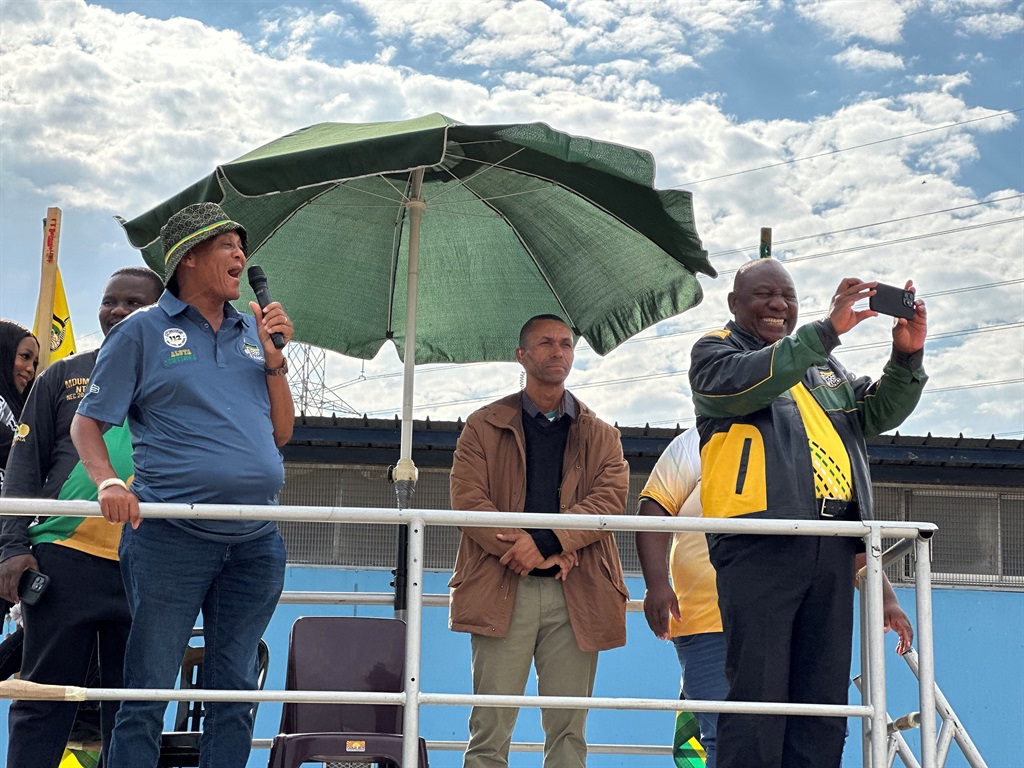 ANC Western Cape leader Vuyiso JJ Tyhalisisu sharing a stage with ANC President Cyril Ramaphosa in Philippi. (Jason Felix/News24)