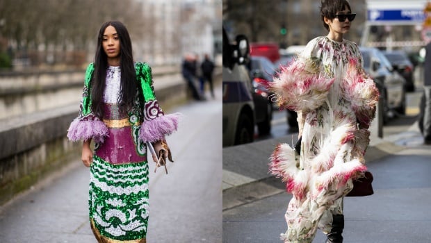 Head-turning dresses with feather details spotted at Fashion Week.