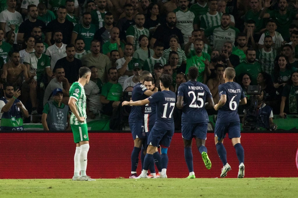 HAIFA, ISRAEL - SEPTEMBER 14: Lionel Messi of Paris Saint Germain celebrates with team mates during the UEFA Champions League group H match between Maccabi Haifa FC and Paris Saint-Germain at Sammy Ofer Stadium on September 14, 2022 in Haifa, Israel.  (Photo by Amir Levy/Getty Images)