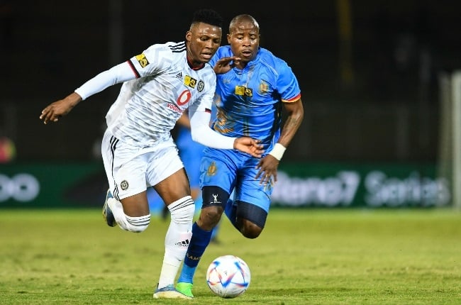 Thabiso Monyane of Orlando Pirates and Thabo Matlaba of Royal AM during the MTN8 quarter final match between Royal AM and Orlando Pirates at Chatsworth Stadium on August 27, 2022.