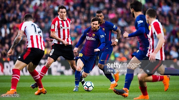 Lionel Messi of FC Barcelona conducts the ball during the La Liga match between Barcelona and Athletic Club at Camp Nou