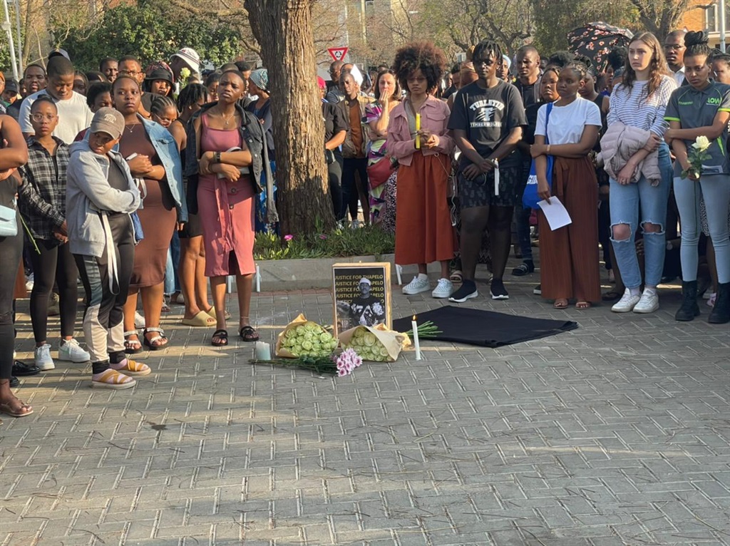 UP students, SRC members and friends of the late student, Thapelo Menwe, gathered at the spot where he was killed for a vigil.  Photos and videos by Kgalalelo Tlhoaele