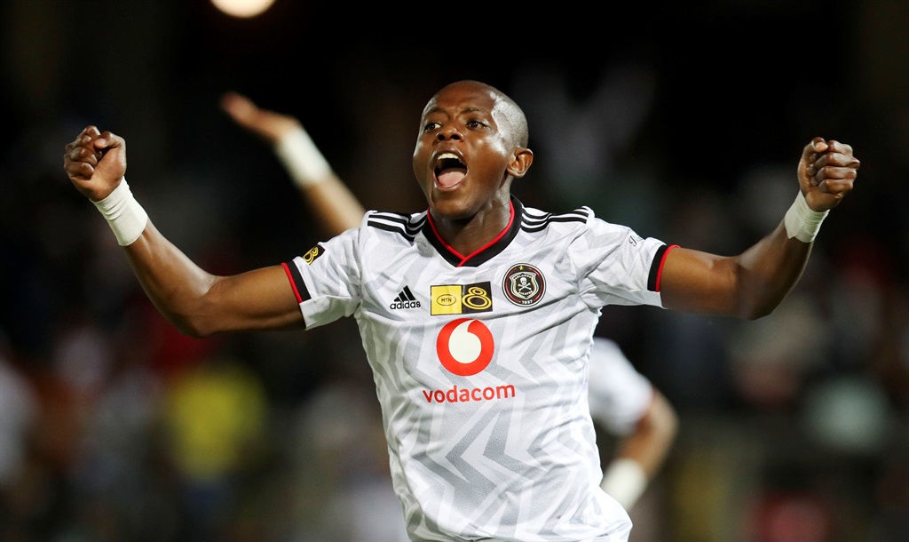 Zakhele Lepasa of Orlando Pirates celebrates a goal scored by Vincent Pule of Orlando Pirates during the 2022 MTN8 Quarterfinal match between Royal AM and Orlando Pirates at the Chatsworth Stadium, Chatsworth on the 27 August 2022 Â©Muzi Ntombela/BackpagePix