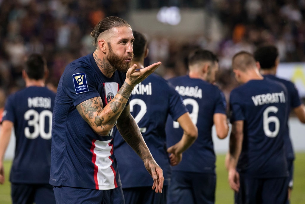 TEL AVIV, ISRAEL - JULY 31:  Paris Saint-Germains Sergio Ramos celebrates after scoring third goal during  the Champions Trophy at Bloomfield Stadium on July 31, 2022 in Tel Aviv, Israel.  (Photo by Amir Levy/Getty Images)