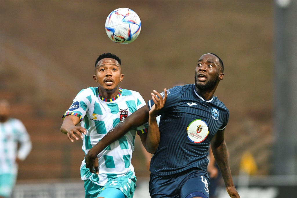 Richard Bay's Somila Ntsundwana and TS Galaxy's Pogiso Sanoka battle for the ball.