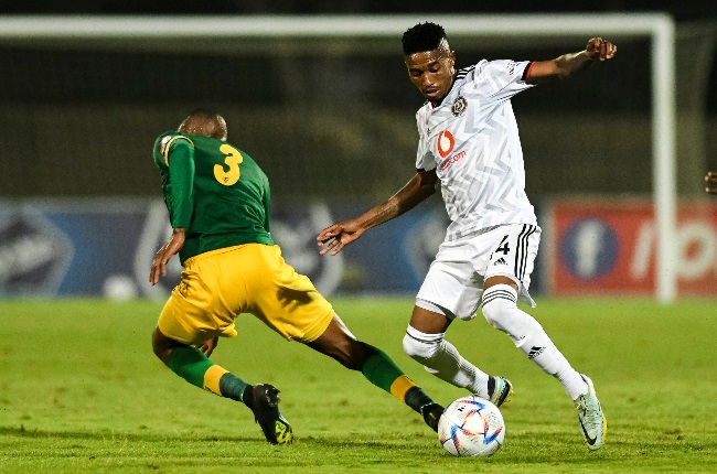 Monnapule Saleng of Orlando Pirates and Divine Lunga of Golden Arrows FC during the DStv Premiership match between Golden Arrows and Orlando Pirates at Princess Magogo Stadium.