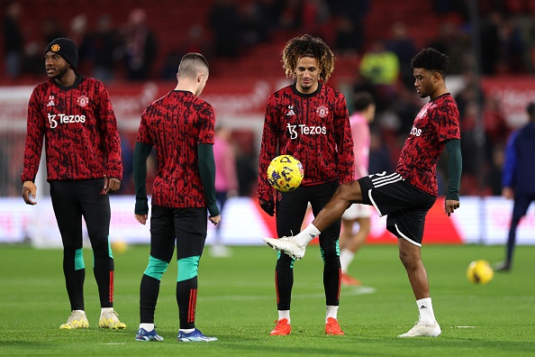 Tunisian star Hannibal Mejbri (centre) could reportedly leave Manchester United before the Janaury transfer window closes. 