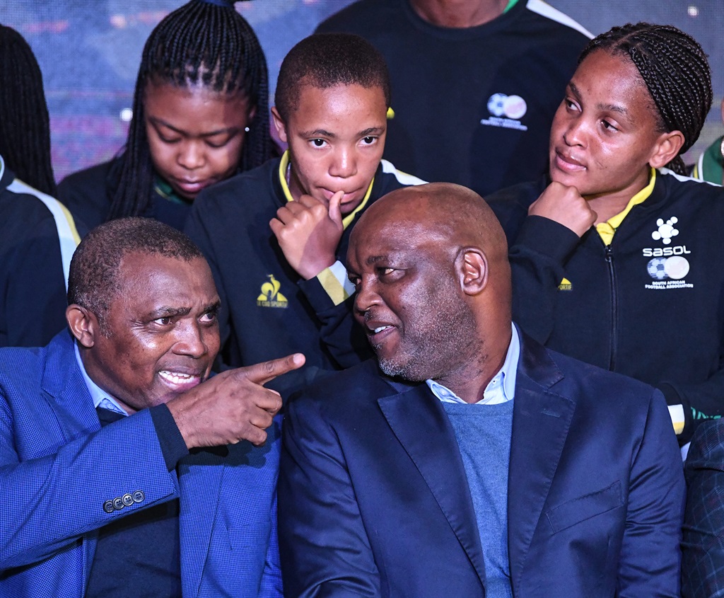 PRETORIA, SOUTH AFRICA - JUNE 23: Fani Madida and Pitso Mosimane with South Africa womens national soccer team squad during the South Africa womens national soccer team squad announcement and send-off gala dinner at Sefako Makgatho Presidential Guest House on June 23, 2023 in Pretoria, South Africa. (Photo by Lefty Shivambu/Gallo Images)