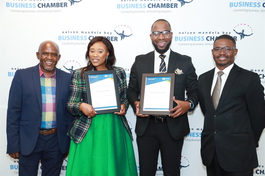 Mpumi Fundam, ECDC’s Senior Manager for Enterprise Development,  Managing Director of PSQ Projects, Phindiswa Mpongoshe, Luvuyo Tandani, the Director of Kubo Active Health and Fitness, and Chamber Board Member Gugu Nxiweni during the handing over of certificates today to this year’s graduates. 