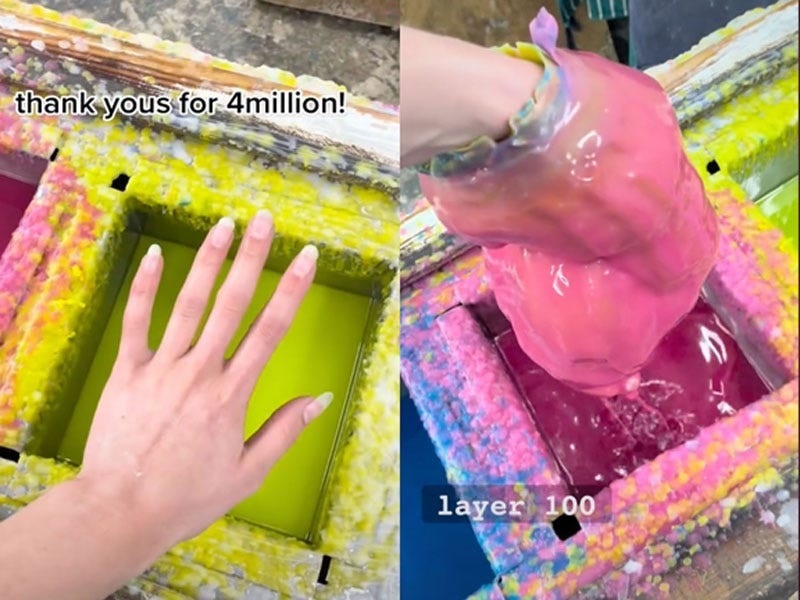 Martel created a beautiful, viscerally terrifying video of a hand being dipped into wax 100 times. TikTok; @charlotte__martel