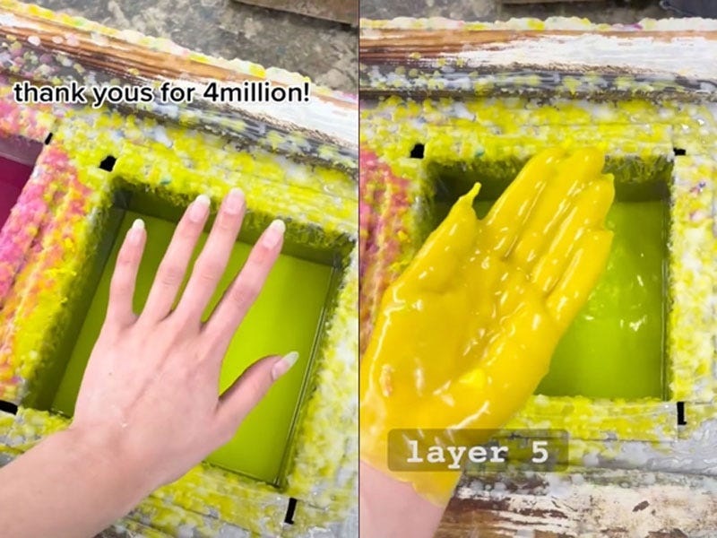 Martel showed viewers her clean, well-manicured hand before dipping it into the first few layers of bright wax. TikTok; @charlotte__martel