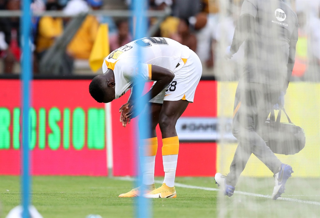 Caleb Bimenyimana of Kaizer Chiefs reacts in pain after injury during the 2022 MTN8 semifinals 2nd leg match between AmaZulu and Kaizer Chiefs at Moses Mabhida Stadium, in Durban on the 23 October 2022 ©Samuel Shivambu/BackpagePix