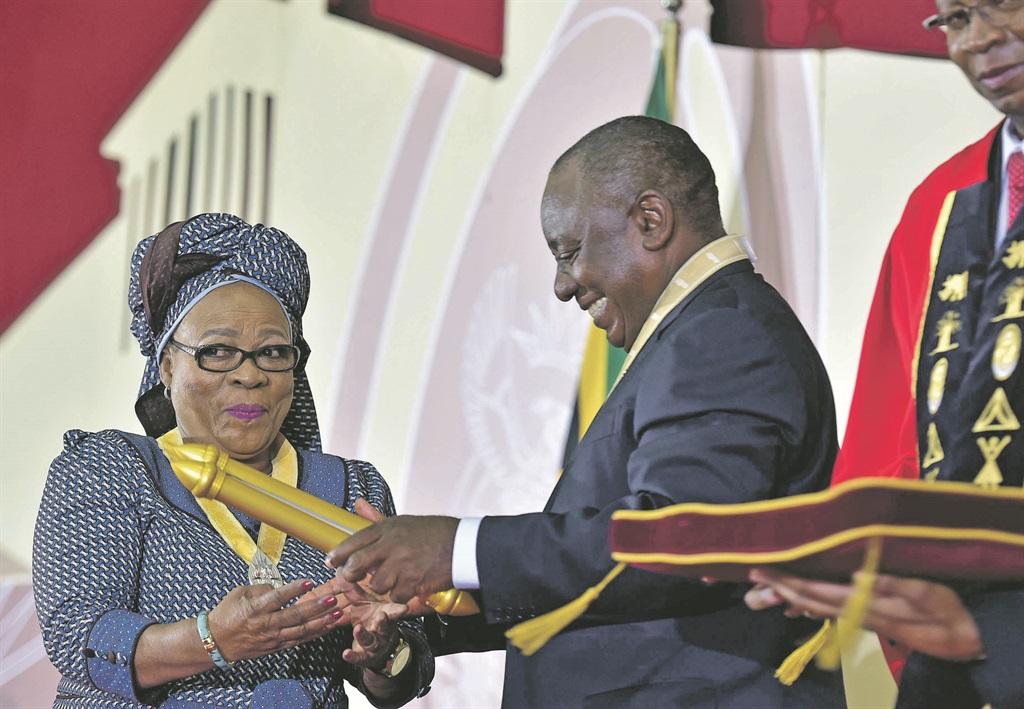 President Cyril Ramaphosa presents the Order of Ikhamanga in Silver to actress Lilian Dube at the National Orders awards on Saturday. They are bestowed on distinguished citizens and eminent foreign nationals who have helped build a free and peaceful democratic South Africa, and improved the lives of South Africans Picture: Kopano Tlape / GCIS