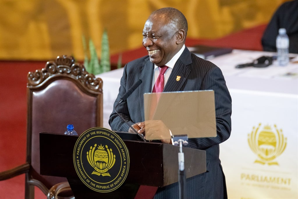 President Cyril Ramaphosa delivers the 2024 state of the nation address at Cape Town City Hall on Thursday, 8 February 2024 in Cape Town, South Africa. The address is an annual event, in which the President of South Africa reports on the status of the nation, normally to the resumption of a joint sitting of Parliament (the National Assembly and the National Council of Provinces)  
