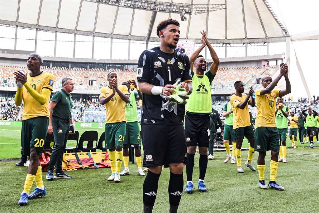 SA celebrate the win during the 2026 FIFA World Cup, Qualifier match between South Africa and Benin at Moses Mabhida Stadium on November 18, 2023 in Durban, South Africa.