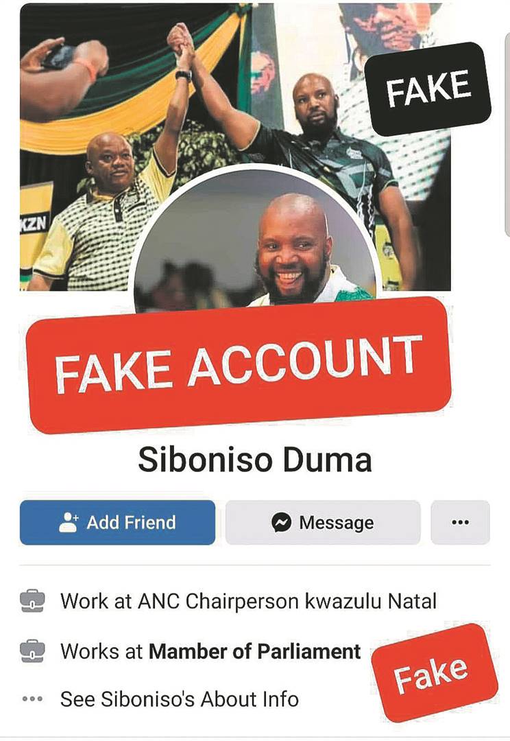 The Facebook account used by the person who pretends to be ANC chairman Siboniso Duma.