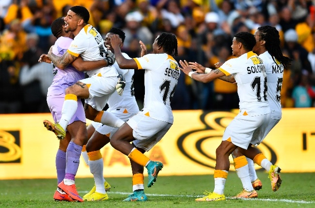 Chiefs players celebrate with Itumeleng Khune of Chiefs after winning the penalty shootout during the MTN8, Quarter Final match between Stellenbosch FC and Kaizer Chiefs at the Danie Craven Stadium on August 28, 2022.