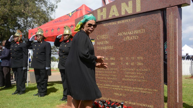 Chris Hani's widow, Limpho Hani, pays her respects at the wreath-laying ceremony during the 25 year anniversary commemorating Chris Hani’s death on April 10, 2018 in Boksburg. (Frennie Shivambu, Gallo Images)