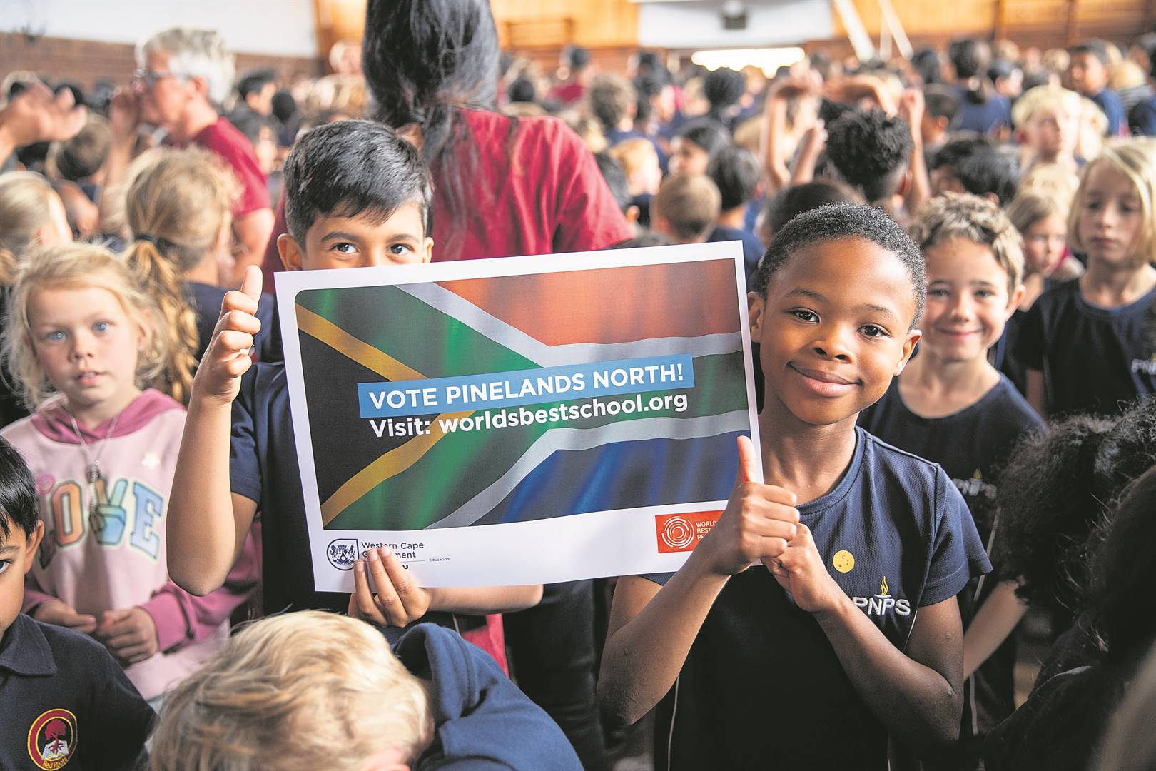Pinelands North Primary School learners were jubilant on hearing the news that their school had been nominated among the finalists in the World’s Best School Prize for Overcoming Adversity. PHOTO: Supplied