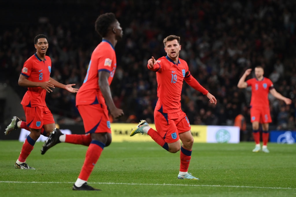 LONDON, ENGLAND - SEPTEMBER 26: Mason Mount of England celebrates after scoring their sides second goal during the UEFA Nations League League A Group 3 match between England and Germany at Wembley Stadium on September 26, 2022 in London, England. (Photo by Shaun Botterill/Getty Images)