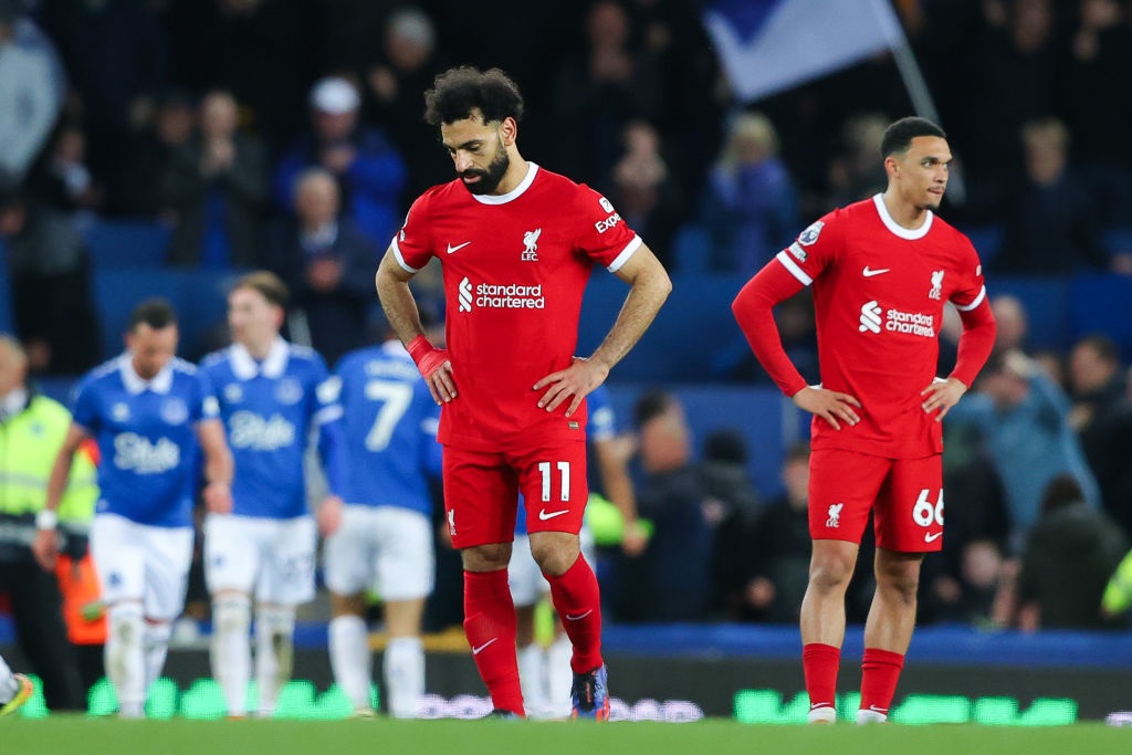 LIVERPOOL, ENGLAND - APRIL 24: Mohamed Salah of Liverpool looks dejected during the Premier League match between Everton FC and Liverpool FC at Goodison Park on April 24, 2024 in Liverpool, England. (Photo by James Gill - Danehouse/Getty Images)