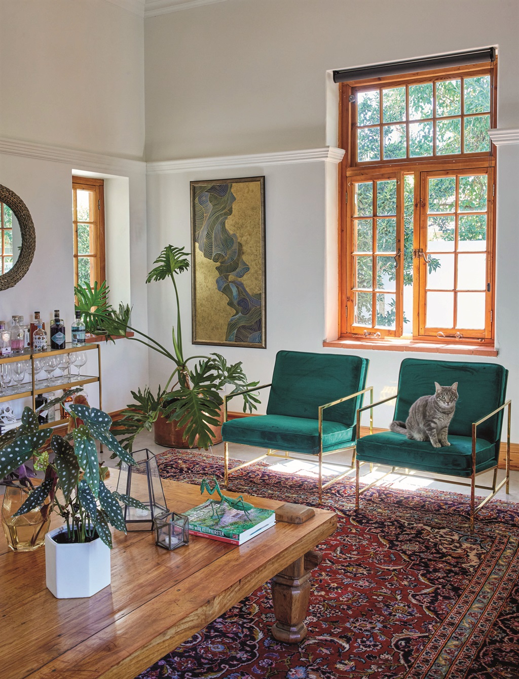 “The copper décor elements were a design decision,” says Willoughby Vergottini. “It’s eclectic yet unique to the home’s architectural era. We wanted to create a balance between old and new, without either dominating. Landscape architect Keith Kirsten put that delicious monster there – he said the space needed a plant.” The Kashan rug was an auction buy and the coffee table belonged to Willoughby’s parents. The painting is Willoughby’s handiwork. Chairs and drinks trolley from @home