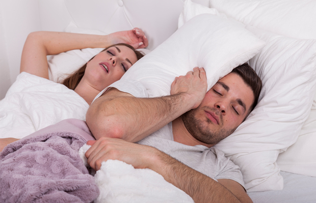 snoring, couple, man, woman, bedroom, bed, pillow,