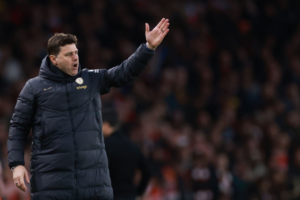 LONDON, ENGLAND - APRIL 23: Chelsea Head Coach Mauricio Pochettino looks on during the Premier League match between Arsenal FC and Chelsea FC at Emirates Stadium on April 23, 2024 in London, England.(Photo by Marc Atkins/Getty Images)