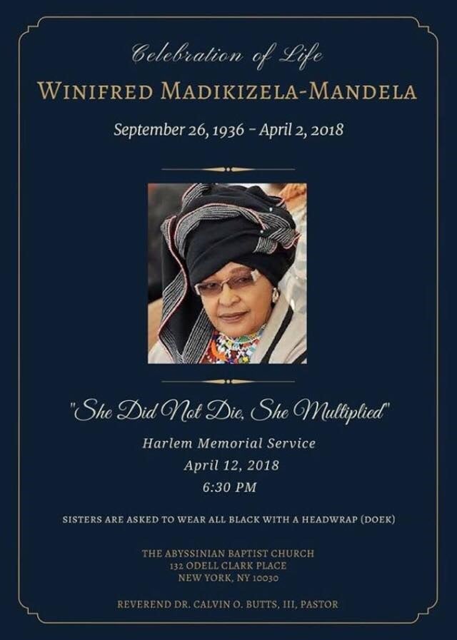 “She did not die, she multiplied” – these words were printed on the notice of the memorial service for Winnie Madikizela-Mandela held in Harlem, New York, on Thursday (April 12 2018).