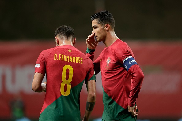 Bruno Fernandes and Cristiano Ronaldo of Portugal