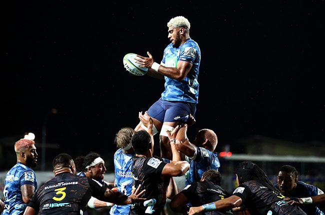 Hoskins Sotutu of the Blues wins a lineout ball during the Round 2 Super Rugby Aotearoa match against the Chiefs in Hamilton on 20 June 2020.