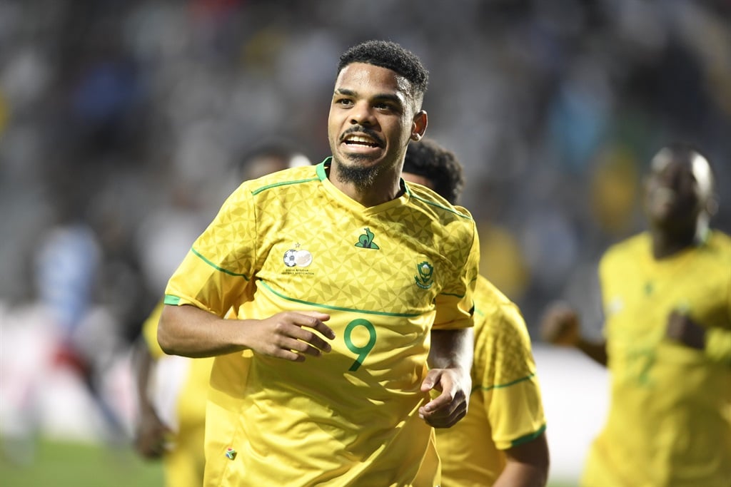 Lyle Foster of South Africa  celebrates during the 2023 Africa Cup of Nations qualifier match between South Africa and Liberia at Orlando Stadium on March 24, 2023 in Johannesburg, South Africa. 