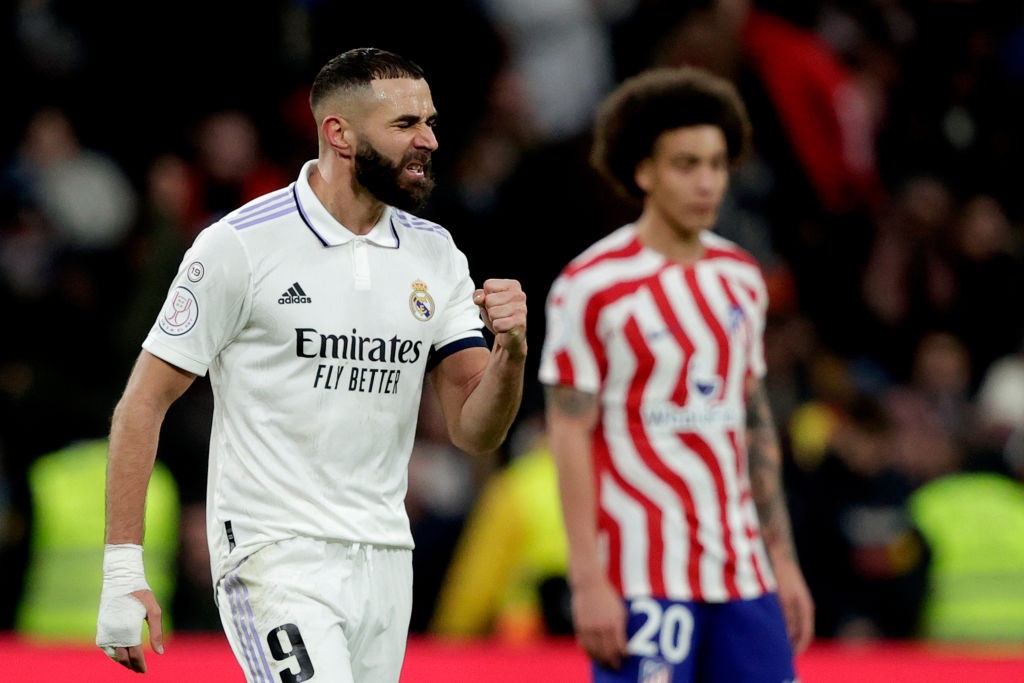 MADRID, SPAIN - JANUARY 26:  Karim Benzema of Real Madrid celebrates 2-1 during the Spanish Copa del Rey  match between Real Madrid v Atletico Madrid at the Estadio Santiago Bernabeu on January 26, 2023 in Madrid Spain (Photo by David S. Bustamante/Soccrates/Getty Images)