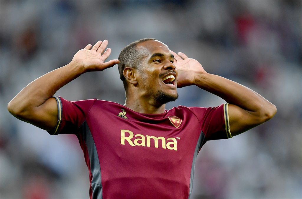 Iqraam Rayners of Stellenbosch FC celebrates after scoring the opening goal during the DStv Premiership match between Cape Town Spurs and Stellenbosch FC at DHL Cape Town Stadium on 28 November  2023 in Cape Town, South Africa. 