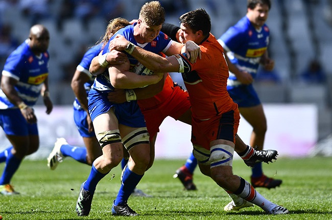 Evan Roos on the charge for the Stormers against Edinburgh. (Photo by Ashley Vlotman/Gallo Images)