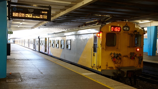 A Metrorail passenger train at Cape Town station.