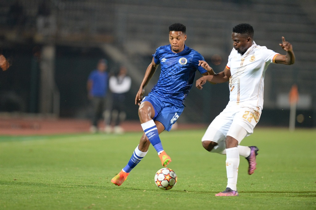 PRETORIA, SOUTH AFRICA - OCTOBER 04:   Jamie Webber of SuperSport United FC and  Tshepo Rikhotso of Royal AM during the DStv Premiership match between SuperSport United and Royal AM at Lucas Moripe Stadium on October 04, 2022 in Pretoria, South Africa. (Photo by Lefty Shivambu/Gallo Images)