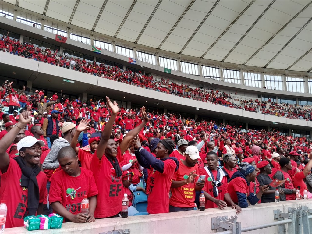 EFF members inside the Moses Mabhida Stadium for the party's manifesto launch.  Photo by Mbali Dlungwana