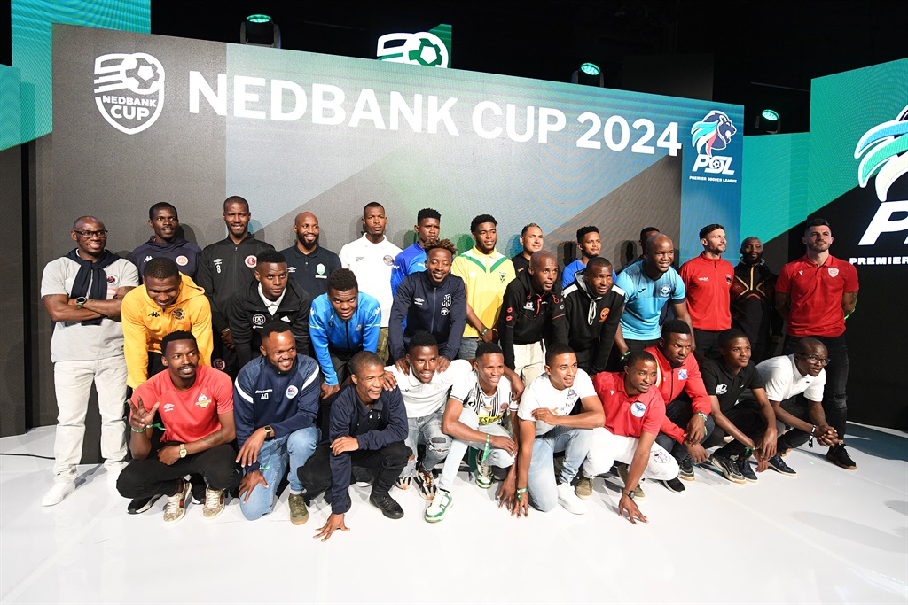 JOHANNESBURG, SOUTH AFRICA - JANUARY 18:Soccer players during the17th edition of the Nedbank Cup launch and last 32 draw at Nedbank Head Office on January 18, 2024 in Johannesburg, South Africa. (Photo by Lefty Shivambu/Gallo Images)