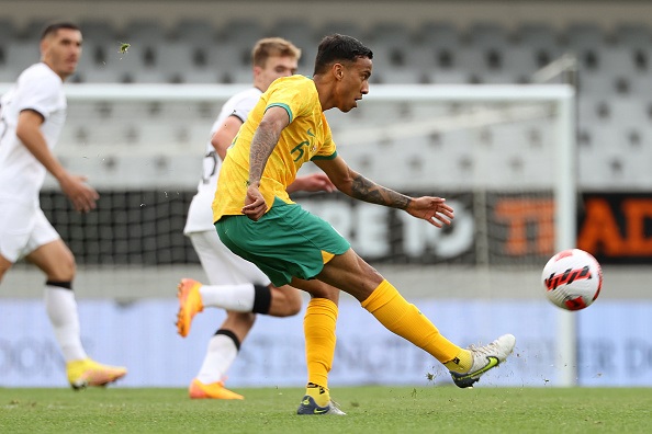 AUCKLAND, NEW ZEALAND - SEPTEMBER 25: Keanu Baccus of Australia  in action during the International friendly match between the New Zealand All Whites and Australia Socceroos at Eden Park on September 25, 2022 in Auckland, New Zealand. (Photo by Fiona Goodall/Getty Images)