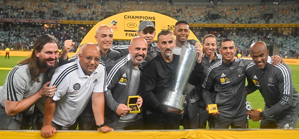 Jose Riveiro, coach of Orlando Pirates with technical staff during the MTN8 Final match between Orlando Pirates and AmaZulu held at Moses Mabhida Stadium in Durban on 05 November 2022 Â© Gerhard Duraan/BackpagePix