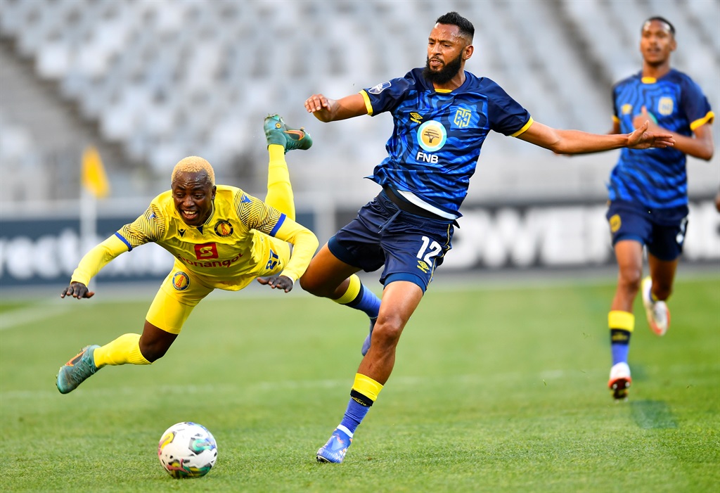 CAPE  TOWN, SOUTH AFRICA - OCTOBER 08: Taariq Fielies of CTCFC and Deivi Vieira of Pedro de Luanda during the CAF Champions League match between Cape Town City and Pedro de Luanda at Cape Town Stadium on October 08, 2022 in Cape Town, South Africa (Photo by Gallo Images/Ashley Vlotman)