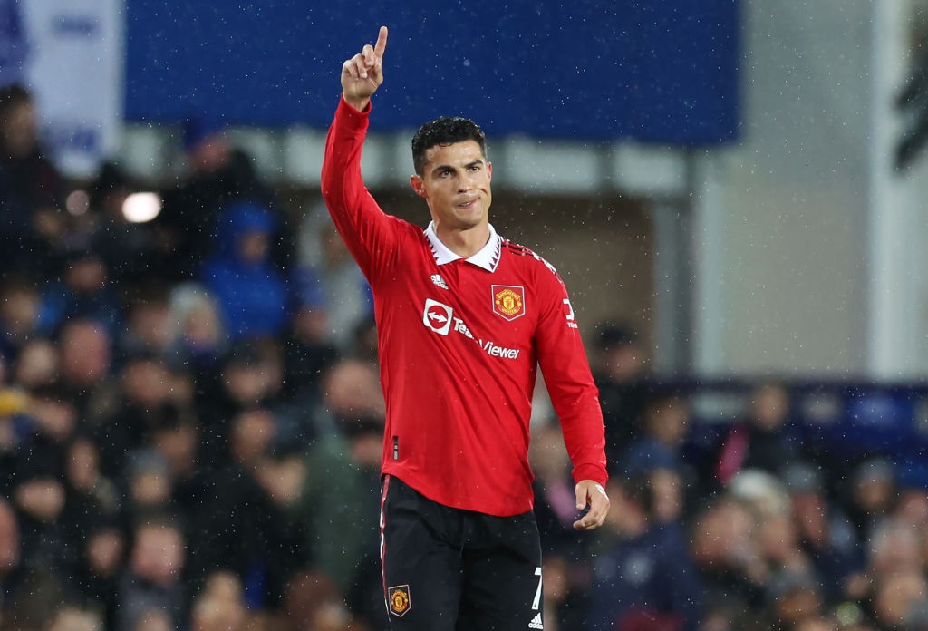 LIVERPOOL, ENGLAND - OCTOBER 09: Cristiano Ronaldo of Manchester United celebrates after scoring their teams second goal during the Premier League match between Everton FC and Manchester United at Goodison Park on October 09, 2022 in Liverpool, England. (Photo by Clive Brunskill/Getty Images)