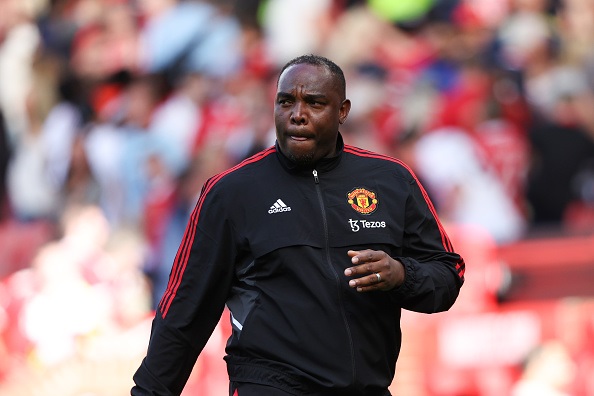 MANCHESTER, ENGLAND - JULY 31: Benni McCarthy  first-team coach at Manchester United during the pre-season friendly between Manchester United and Rayo Vallecano at Old Trafford on July 31, 2022 in Manchester, England. (Photo by Matthew Ashton - AMA/Getty Images)
